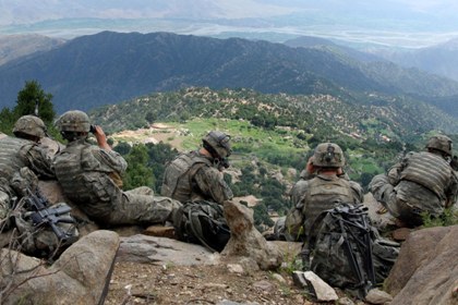 070822-A-6849A-667 -- Scouts from 2nd Battalion, 503rd Infantry Regiment (Airborne), pull overwatch during Operation Destined Strike while 2nd Platoon, Able Company searches a village below the Chowkay Valley in Kunar Province, Afghanistan Aug. 22.