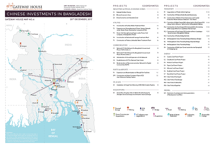 Gateway House's research map on Chinese investments in Bangladesh. Researched by Amit Bhandari and Chandni Jindal.