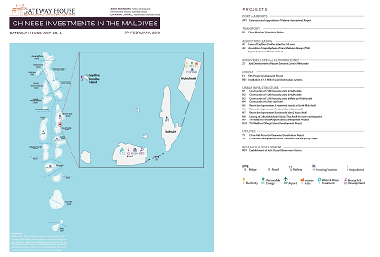 Gateway House's research map on Chinese investments in the Maldives. Researched by Amit Bhandari and Chandni Jindal.